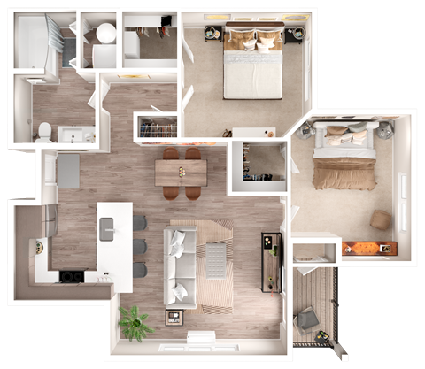 Floor plan for 2 beds, 1 bath, 732 sqft
